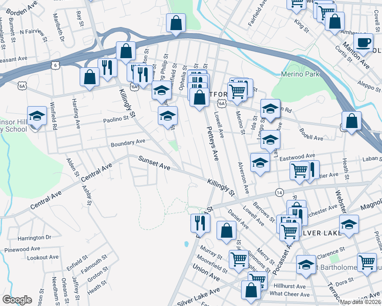map of restaurants, bars, coffee shops, grocery stores, and more near 7 Ophelia Street in Providence
