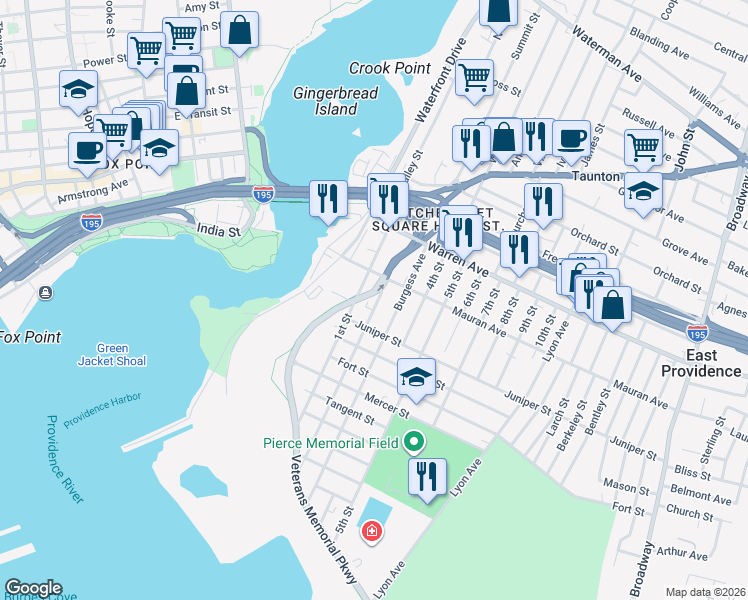 map of restaurants, bars, coffee shops, grocery stores, and more near 61 Burgess Avenue in East Providence