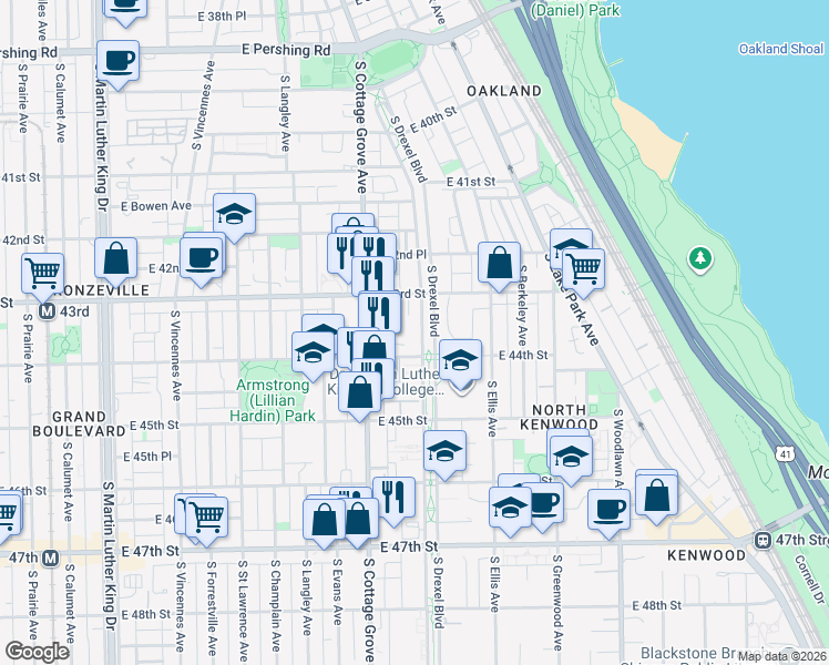 map of restaurants, bars, coffee shops, grocery stores, and more near 4344 South Drexel Boulevard in Chicago