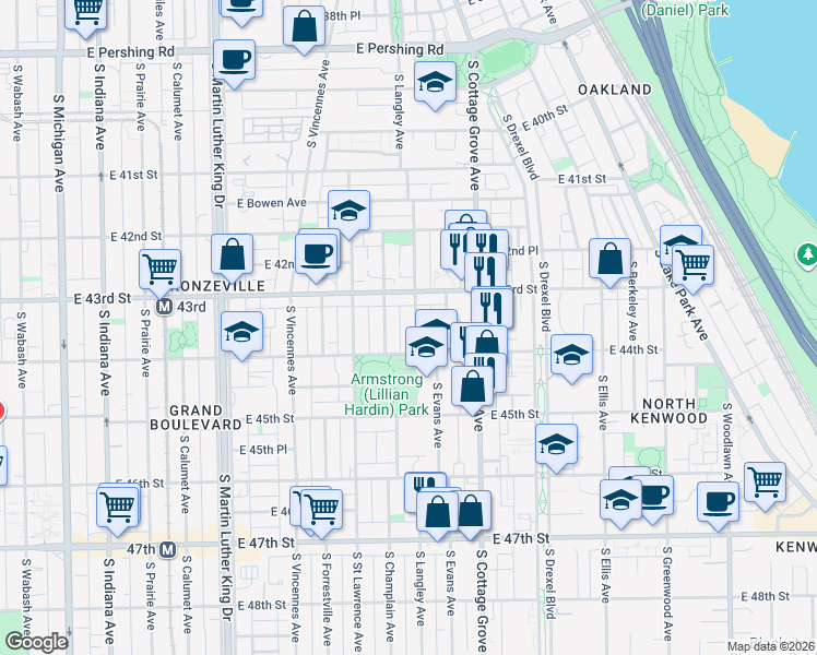 map of restaurants, bars, coffee shops, grocery stores, and more near 4343 South Langley Avenue in Chicago