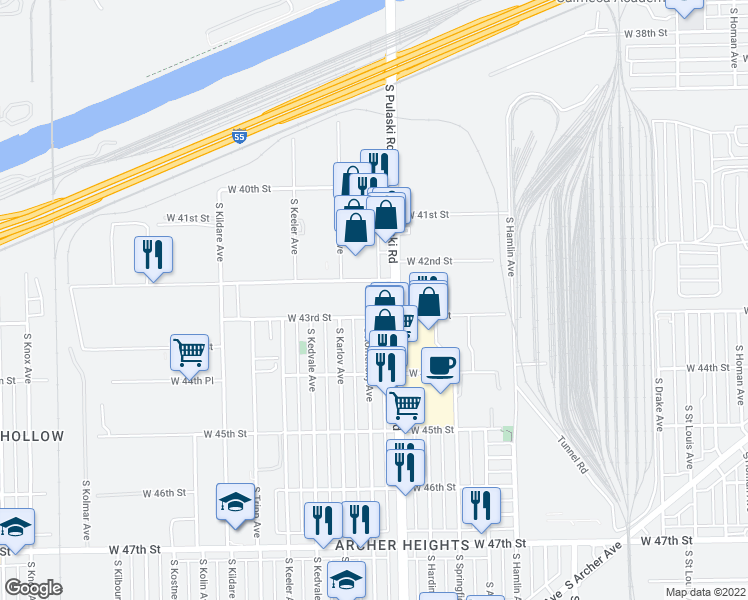 map of restaurants, bars, coffee shops, grocery stores, and more near 4222 South Pulaski Road in Chicago