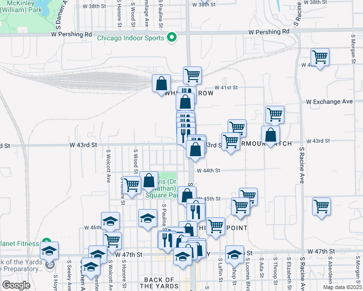 map of restaurants, bars, coffee shops, grocery stores, and more near 1617 West 43rd Street in Chicago