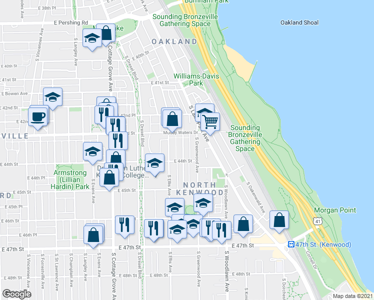 map of restaurants, bars, coffee shops, grocery stores, and more near 4337 South Berkeley Avenue in Chicago