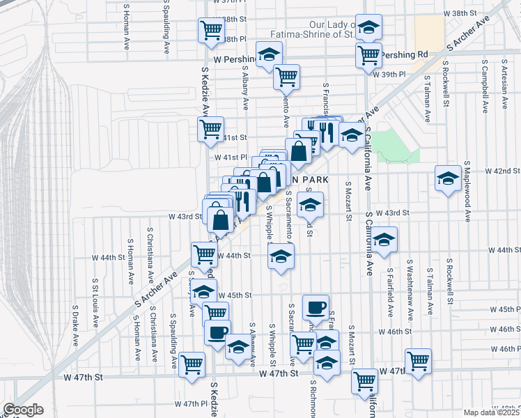 map of restaurants, bars, coffee shops, grocery stores, and more near 3022 West Pope John Paul II Drive in Chicago