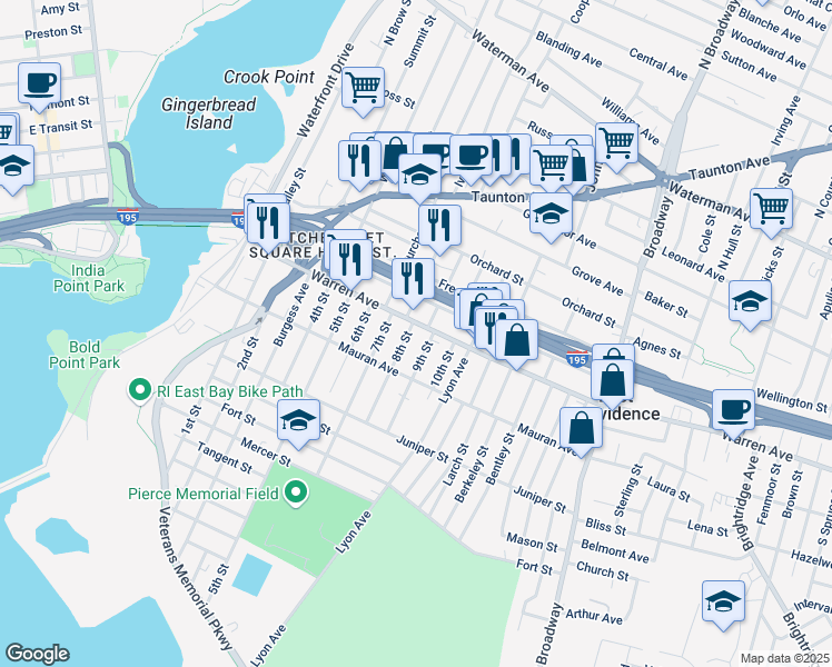 map of restaurants, bars, coffee shops, grocery stores, and more near 4 8th Street in East Providence