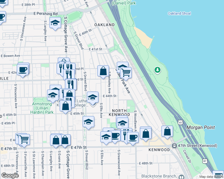 map of restaurants, bars, coffee shops, grocery stores, and more near 4337 South Berkeley Avenue in Chicago