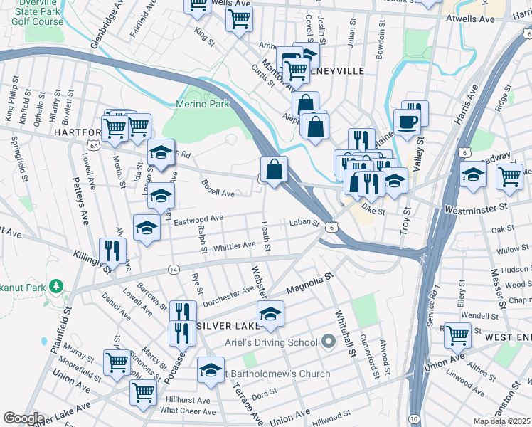 map of restaurants, bars, coffee shops, grocery stores, and more near 63 Heath Street in Providence