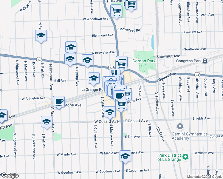 map of restaurants, bars, coffee shops, grocery stores, and more near 25 West Burlington Avenue in La Grange