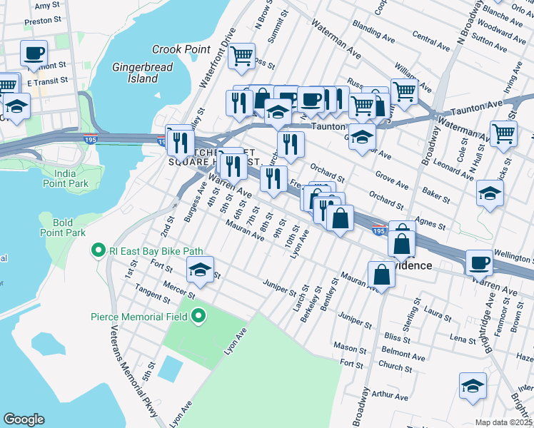 map of restaurants, bars, coffee shops, grocery stores, and more near 15 9th Street in East Providence
