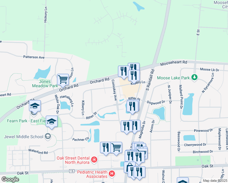 map of restaurants, bars, coffee shops, grocery stores, and more near 1286 Comiskey Avenue in North Aurora