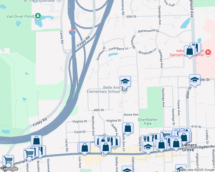 map of restaurants, bars, coffee shops, grocery stores, and more near 1518 Herbert Street in Downers Grove