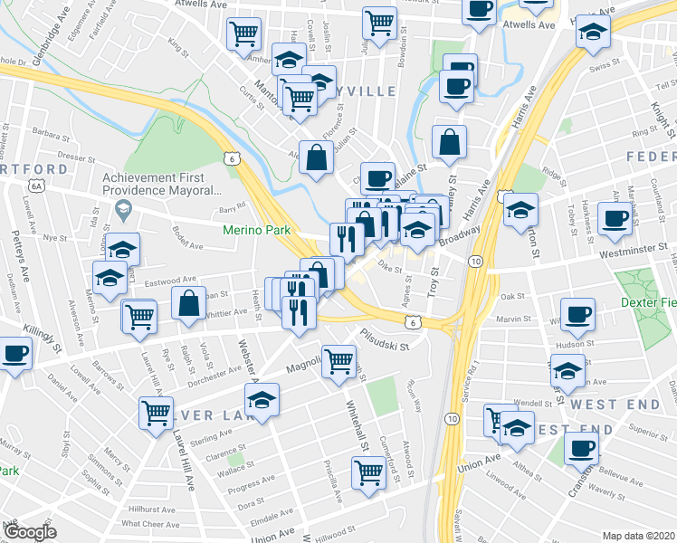 map of restaurants, bars, coffee shops, grocery stores, and more near 139 Plainfield Street in Providence