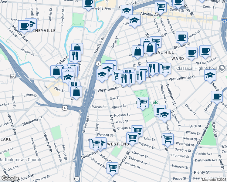 map of restaurants, bars, coffee shops, grocery stores, and more near 79 Oak Street in Providence