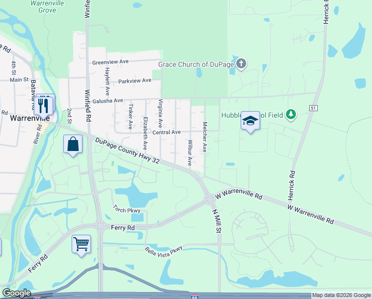 map of restaurants, bars, coffee shops, grocery stores, and more near 664 Wilbur Avenue in Warrenville