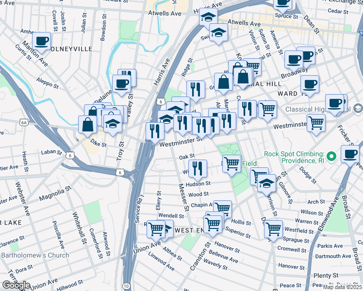 map of restaurants, bars, coffee shops, grocery stores, and more near 1596 Westminster Street in Providence