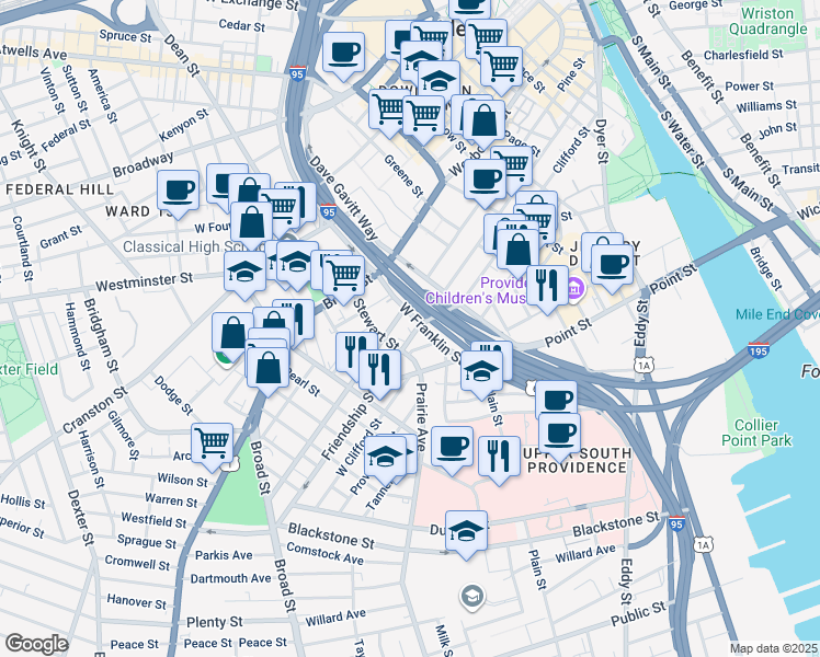 map of restaurants, bars, coffee shops, grocery stores, and more near 43 Maple Street in Providence