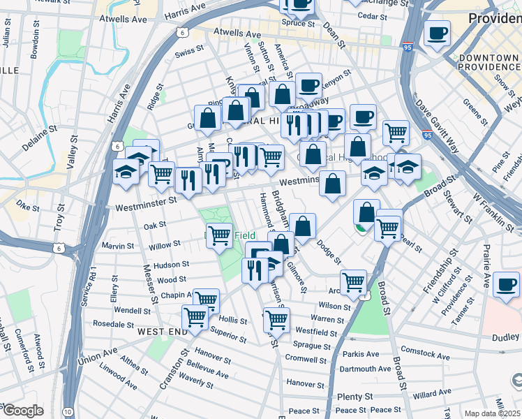 map of restaurants, bars, coffee shops, grocery stores, and more near 30 Hammond Street in Providence