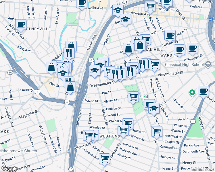 map of restaurants, bars, coffee shops, grocery stores, and more near 79 Oak Street in Providence