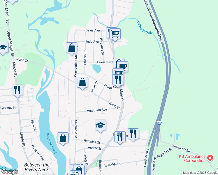 map of restaurants, bars, coffee shops, grocery stores, and more near 25 Morin Avenue in Killingly