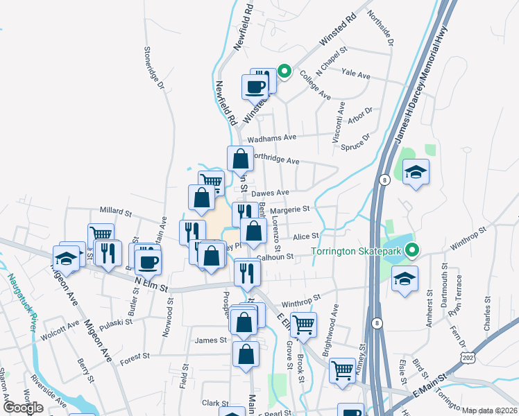map of restaurants, bars, coffee shops, grocery stores, and more near 98 Benham Street in Torrington