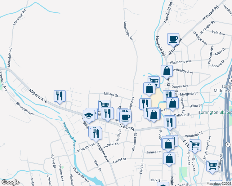 map of restaurants, bars, coffee shops, grocery stores, and more near 126 Mc Guinness Street in Torrington