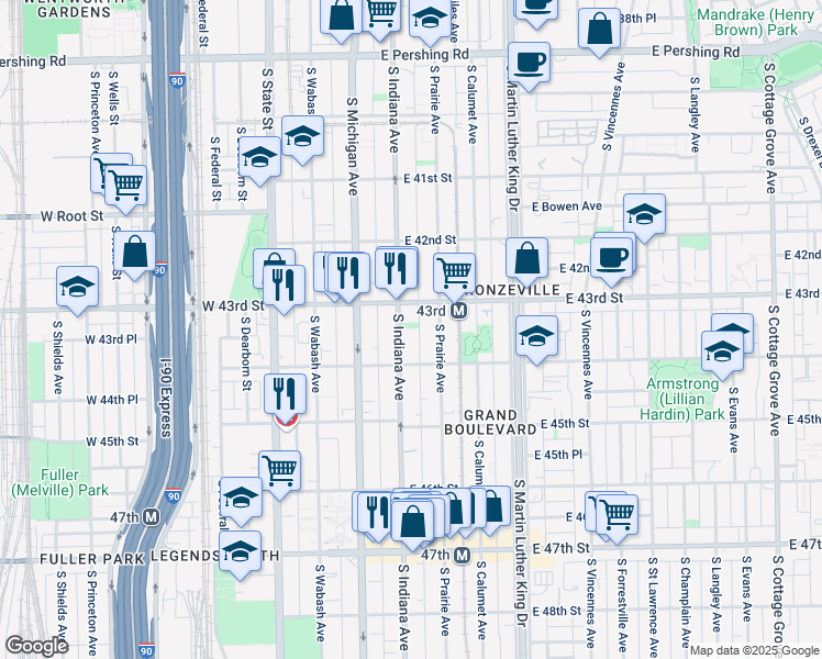 map of restaurants, bars, coffee shops, grocery stores, and more near 4333 South Indiana Avenue in Chicago