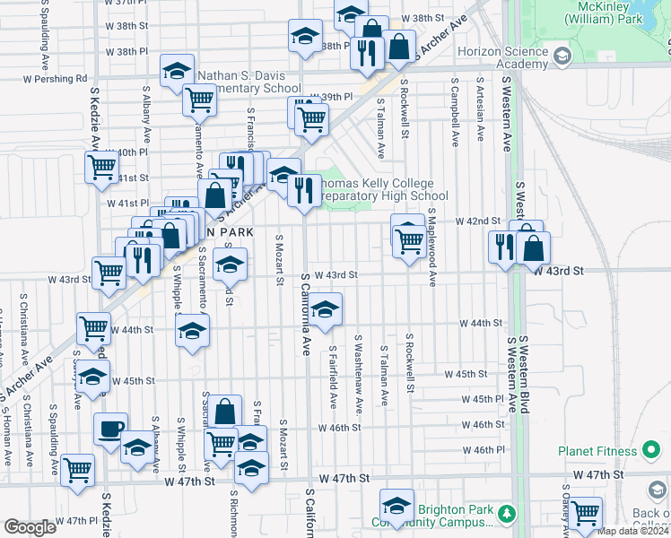 map of restaurants, bars, coffee shops, grocery stores, and more near 2725 West 43rd Street in Chicago