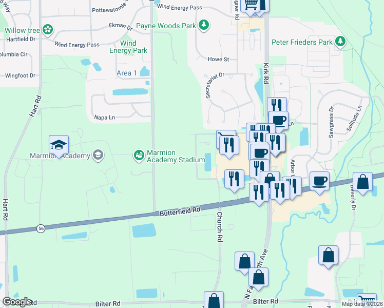 map of restaurants, bars, coffee shops, grocery stores, and more near 2931 Church Road in Aurora