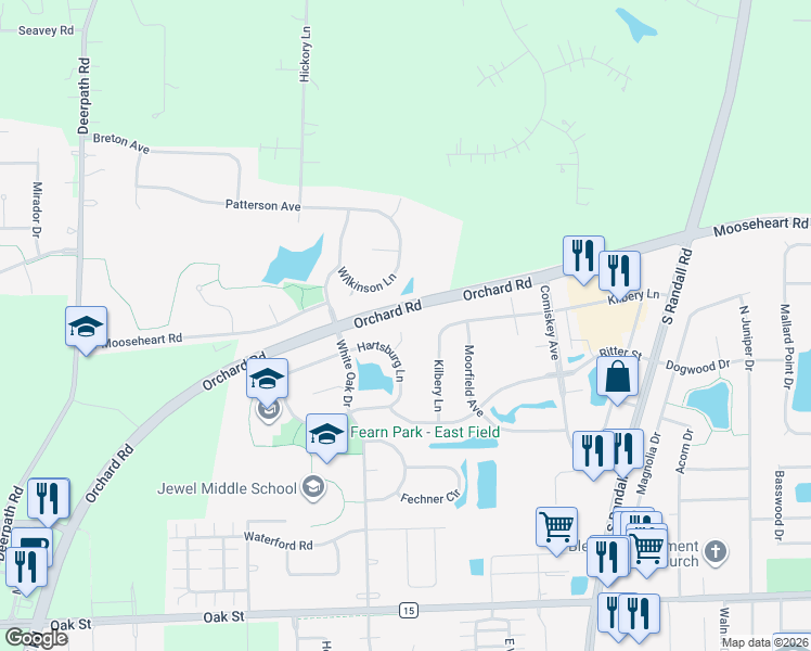 map of restaurants, bars, coffee shops, grocery stores, and more near 624 Whalen Court in North Aurora