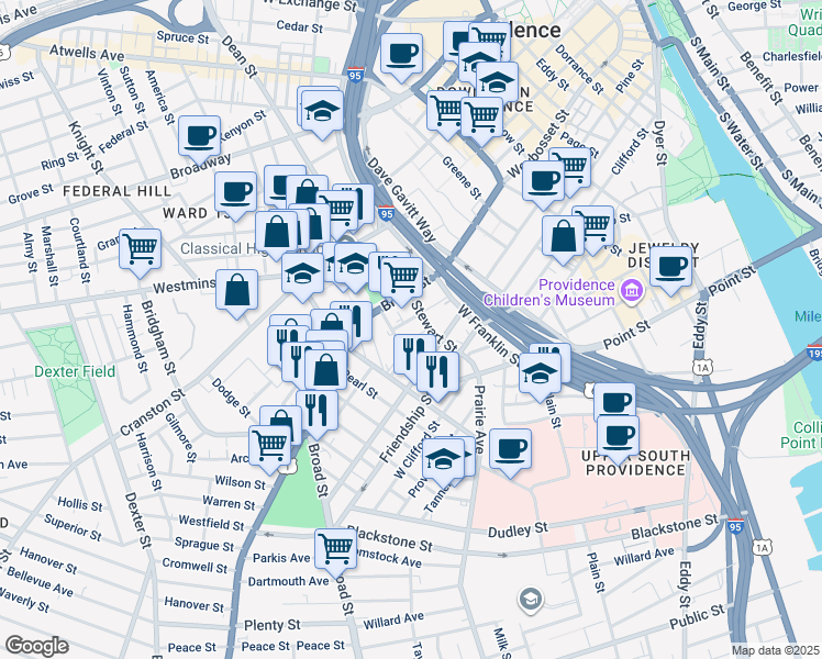 map of restaurants, bars, coffee shops, grocery stores, and more near 94 Summer Street in Providence