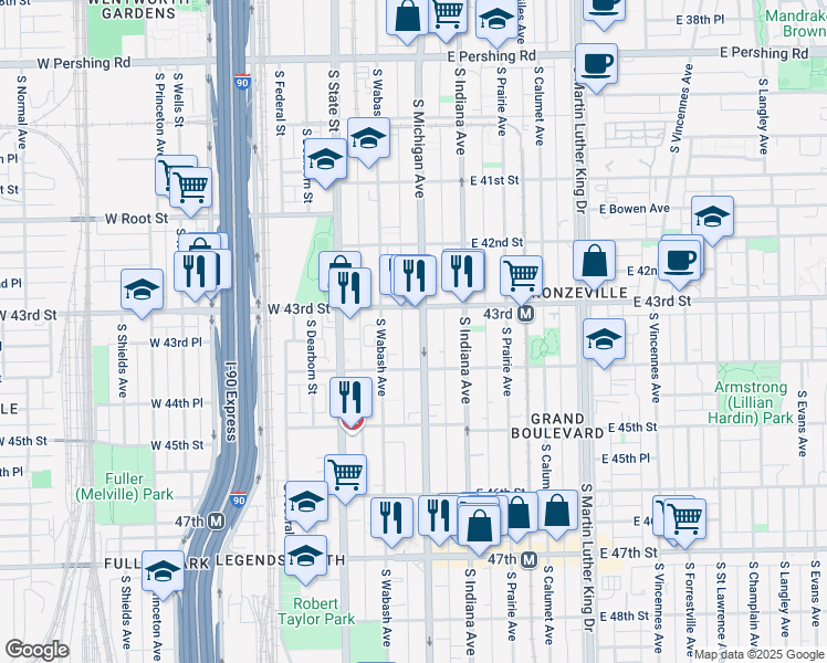 map of restaurants, bars, coffee shops, grocery stores, and more near 4339 South Wabash Avenue in Chicago