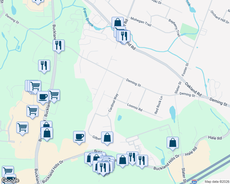 map of restaurants, bars, coffee shops, grocery stores, and more near 42 Cardinal Way in South Windsor