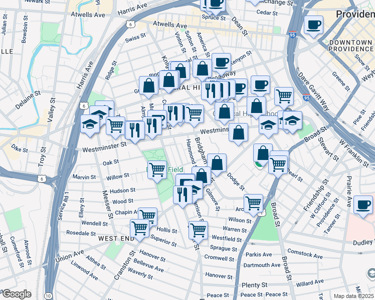 map of restaurants, bars, coffee shops, grocery stores, and more near 30 Hammond Street in Providence