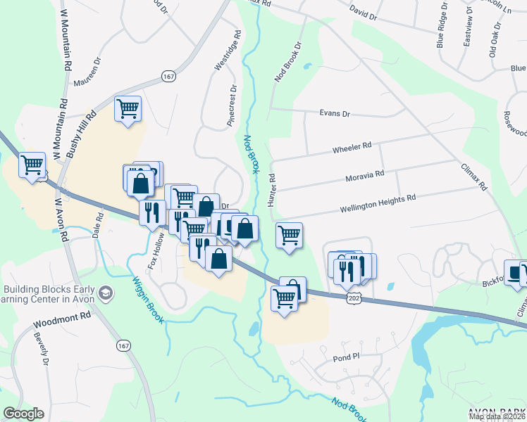 map of restaurants, bars, coffee shops, grocery stores, and more near 9 Hunter Road in Avon