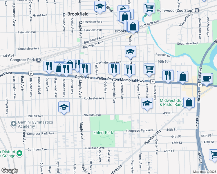 map of restaurants, bars, coffee shops, grocery stores, and more near 4133 Oak Avenue in Brookfield