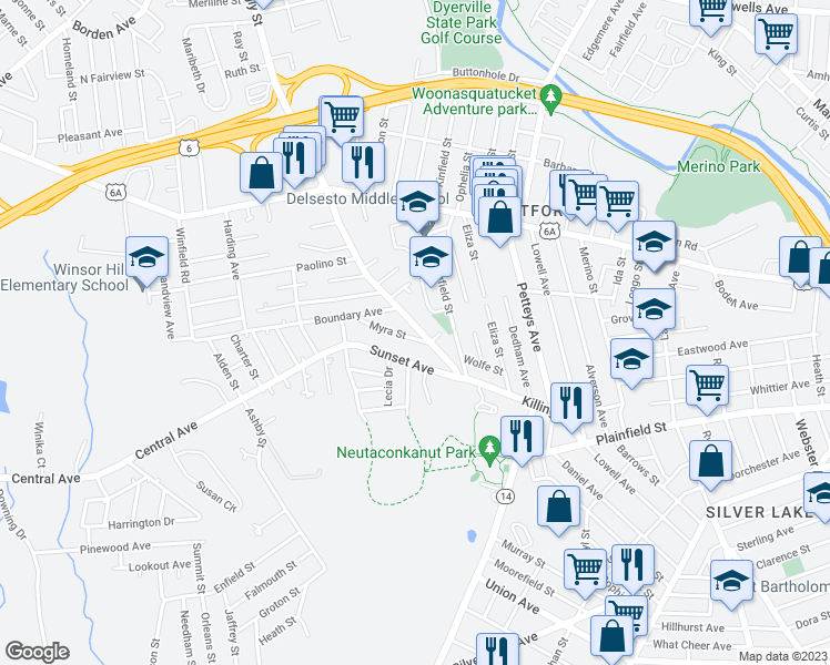 map of restaurants, bars, coffee shops, grocery stores, and more near 216 Killingly Street in Providence