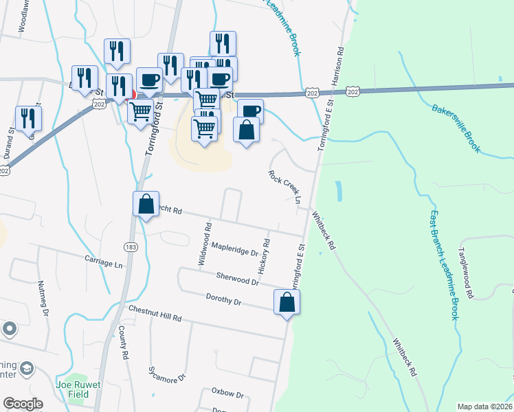 map of restaurants, bars, coffee shops, grocery stores, and more near 155 Louis Circle in Torrington