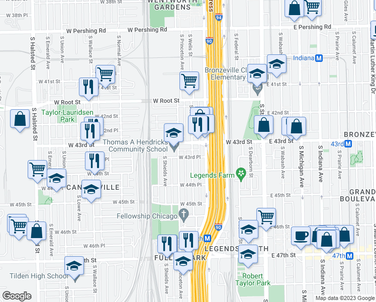 map of restaurants, bars, coffee shops, grocery stores, and more near 4335 South Princeton Avenue in Chicago