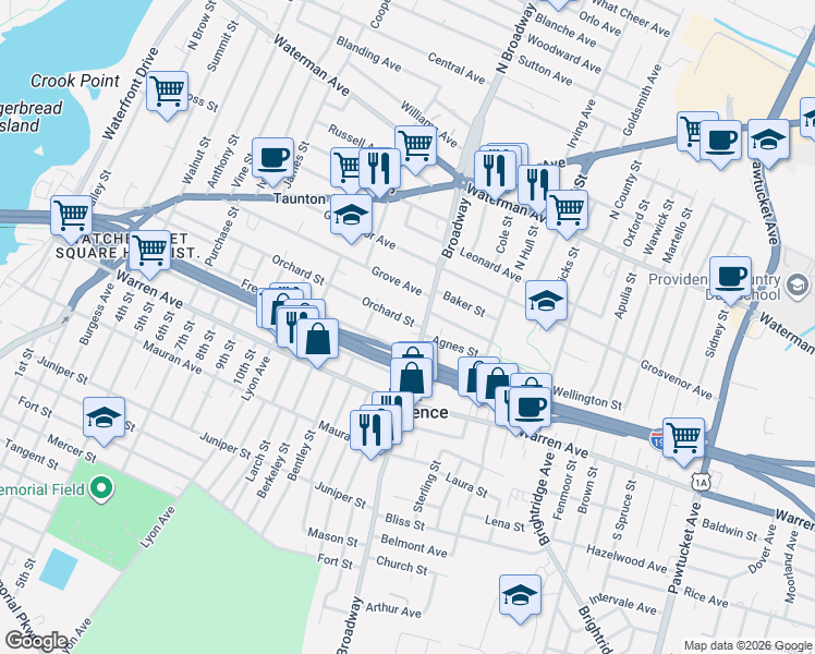 map of restaurants, bars, coffee shops, grocery stores, and more near 935 Broadway in East Providence