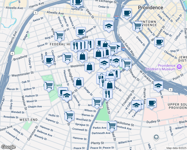 map of restaurants, bars, coffee shops, grocery stores, and more near 101 Cranston Street in Providence