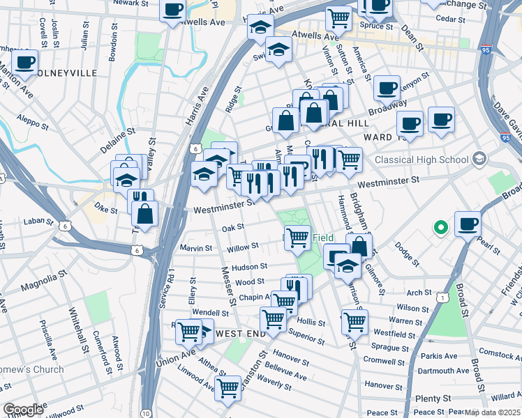 map of restaurants, bars, coffee shops, grocery stores, and more near 43 Oak Street in Providence