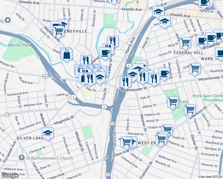 map of restaurants, bars, coffee shops, grocery stores, and more near 7 Dike Street in Providence