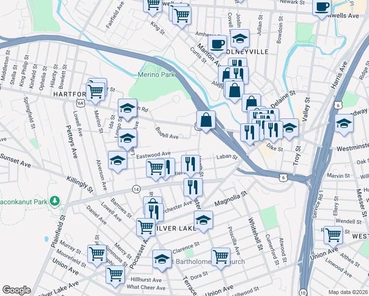 map of restaurants, bars, coffee shops, grocery stores, and more near 56 Webster Avenue in Providence