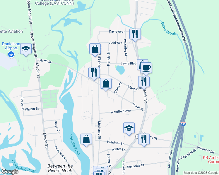 map of restaurants, bars, coffee shops, grocery stores, and more near 120 North Street in Killingly