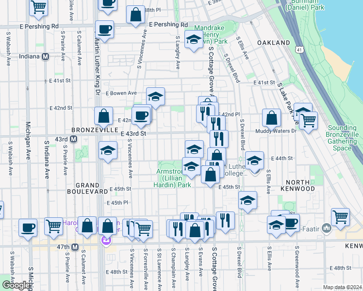 map of restaurants, bars, coffee shops, grocery stores, and more near 4343 South Langley Avenue in Chicago