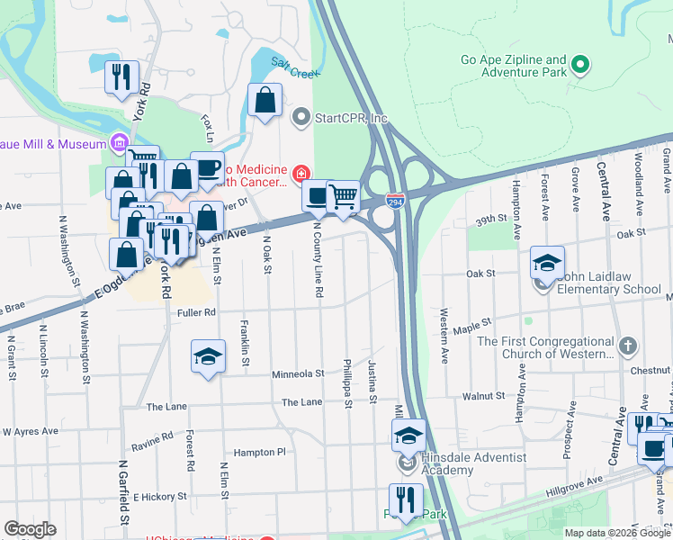 map of restaurants, bars, coffee shops, grocery stores, and more near 725 North County Line Road in Hinsdale