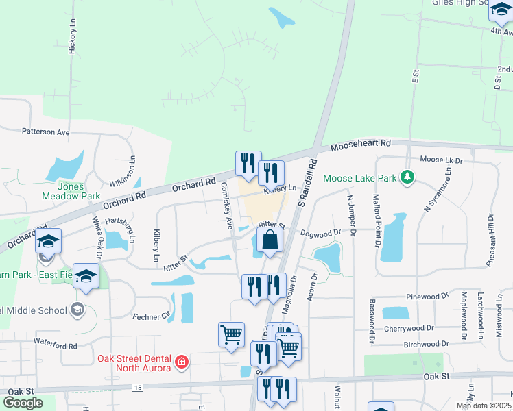 map of restaurants, bars, coffee shops, grocery stores, and more near 1215 Ritter Street in North Aurora