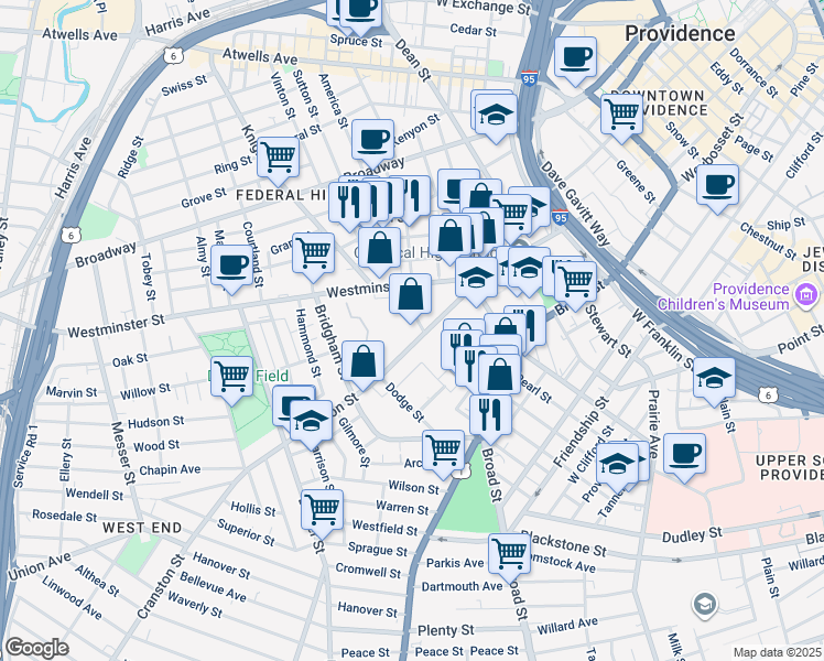 map of restaurants, bars, coffee shops, grocery stores, and more near 101 Cranston Street in Providence