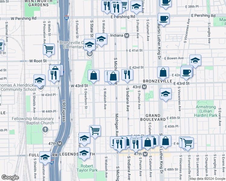 map of restaurants, bars, coffee shops, grocery stores, and more near 4316 South Michigan Avenue in Chicago