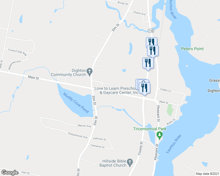 map of restaurants, bars, coffee shops, grocery stores, and more near 382 Main Street in Dighton